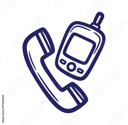 Simple hand drawn vector illustration of a retro landline phone and a cordless phone.