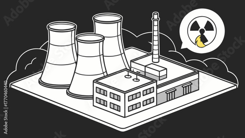 Illustration of a nuclear power plant with cooling towers and a radiation warning sign in a speech bubble