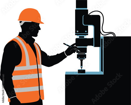 Construction worker in hard hat and safety vest with machine construction, worker, man, orange, professional, control, industry, pointing, engineering, construction, description:, uniform, equipment, 