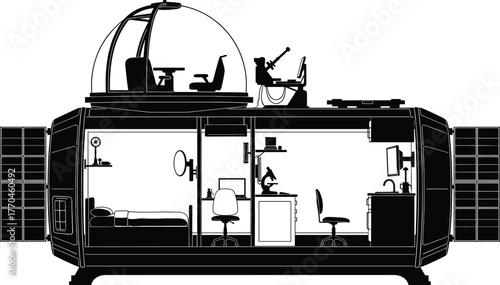 Cross section of a futuristic space habitat with living quarters and lab space station, illustration, advanced, habitat, keywords:, futuristic, laboratory, clean, black, telescope, panels, equipment, 