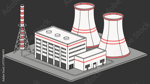 Isometric view of a nuclear power plant with cooling towers and a striped chimney on a gray base