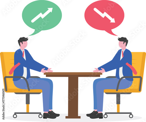 two businessmen arguing with each other and chat bubbles showing upward and downward arrows,
