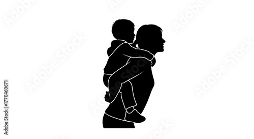 A silhouette of a father carrying a child on his shoulders