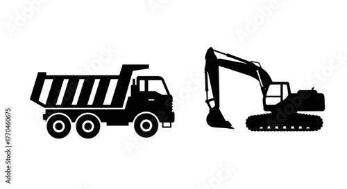 Construction machinery silhouettes depicting a dump truck and an excavator