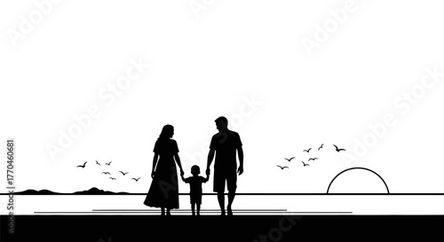 Family silhouette enjoying a peaceful sunset on a tranquil beach