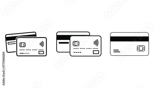 Modern credit card icons with contactless payment and chip technology