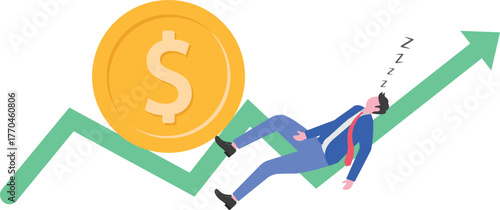 A businessman sleeps with money scattered over a rising green chart formed by stacked dollar coins,


