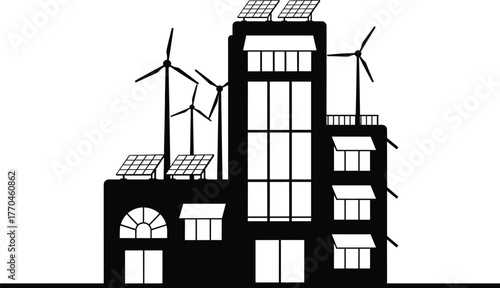 Eco- Friendly Building with Wind Turbines and Solar Panels, eco-friendly, sustainable, renewable energy, green energy, building, architecture, wind turbine, solar panel, clean energy, environment, sus