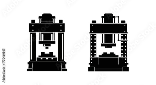 Two industrial hydraulic presses shown in a simple black and white style