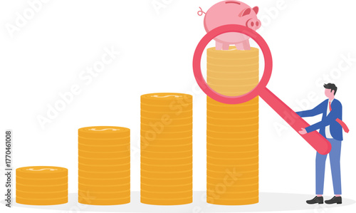 A businessman examines a chart with a piggy bank using a magnifying glass,
