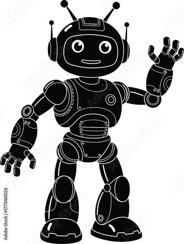 Friendly cartoon robot waving hello on white background robot, friendly, waving, hello, hand, illustration, simple, robot, bot, eye, black, description:, machine, future, with, electronic, cartoon, ar