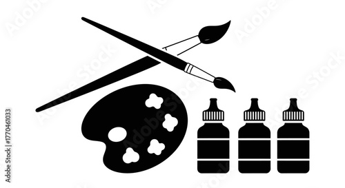 Painting supplies including brushes palette and paint bottles illustration