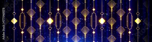 Luxurious Blue and Gold Art Deco Hanging Geometric Pattern, Gatsby Style Seamless Loop Motion Graphic, Elegant Title Background