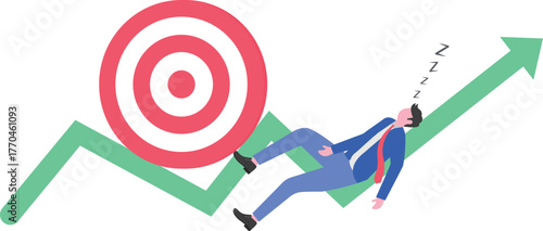 A businessman sleeps with money scattered over a rise green chart formed by stacked target boards,

