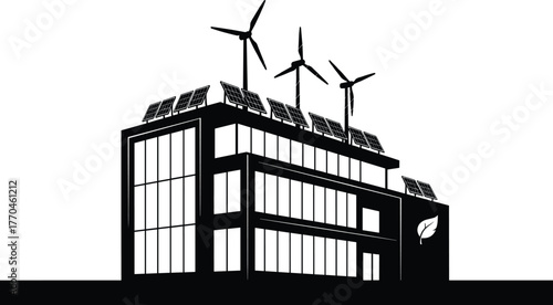 Futuristic Eco- Building with Wind Turbines and Solar Panels, eco-friendly, sustainable, renewable energy, green energy, building, architecture, wind turbine, solar panel, clean energy, environment, s