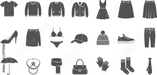 Clothing and Accessories Icon Set Apparel, Shoes, Jewelry, and Other Items on White