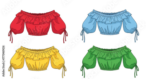 Colorful ruffled and patterned puffed sleeve tops isolated on a white background