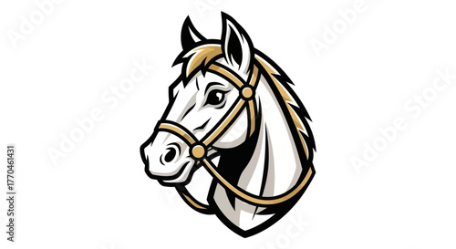 Elegant White Horse Head with Golden Bridle in Detailed Illustration.