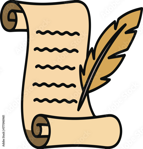 Scroll and feather art  scroll, feather, art, parchment, quill, writing, paper, vintage, antique, document, ink, pen, illustration, retro, old, ancient, history, message, roll, text, letter, symbol, 