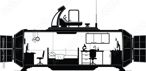 Interior view of a compact futuristic space habitat module space station, habitat, illustration, advanced, compact, cabinets, habitat, futuristic, laboratory, clean, black, panels, equipment, interior