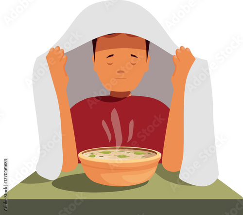Person with a cold inhaling vapors from a bowl of hot soup, covered with a blanket
