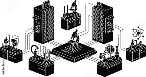 Isometric Scientific Laboratory with Equipment science, science, laboratory, research, experiment, technology, innovation, discovery, equipment, microscope, flask, beaker, globe, atom, server, compute