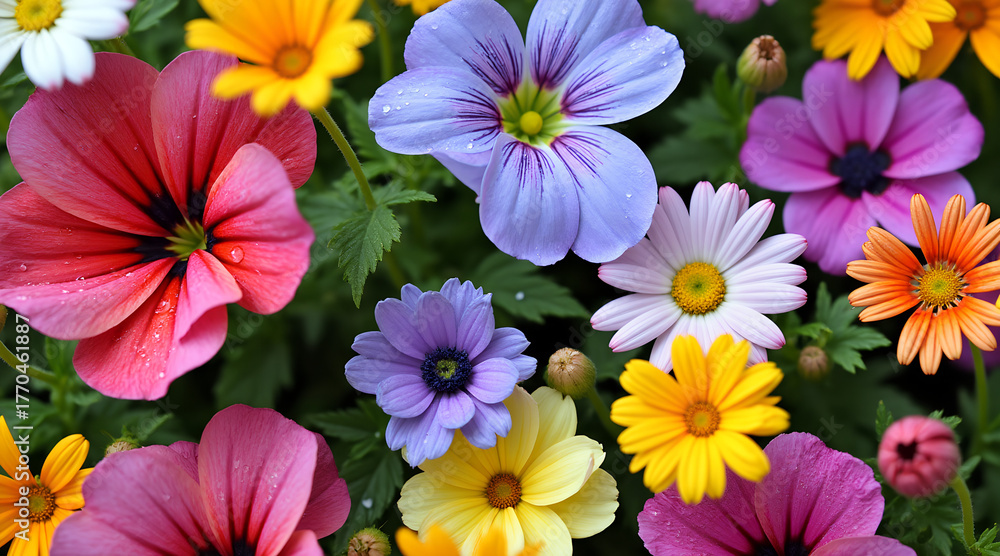 Obraz premium Close-up of colorful fresh flowers with dew drops in a garden under soft natural light – vibrant floral and nature photography