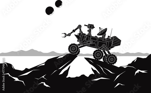 Mars rover on rocky terrain with moons in the sky space exploration, mars rover, space exploration, planet, alien landscape, rocky terrain, mountains, moons, celestial bodies, science fiction, technol