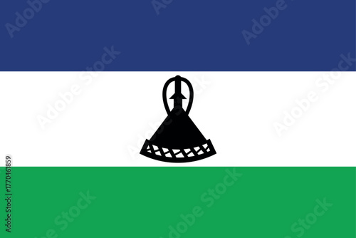 The national flag of Lesotho with horizontal stripes of blue, white, and green, and a black mokorotlo hat in the center.