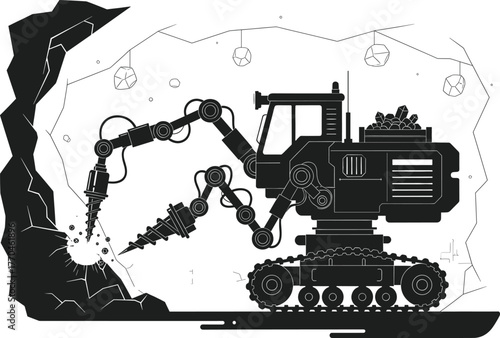 Mining machine drills into cave wall with crystals, mining, machine, drill, cave, rock, excavation, underground, industry, technology, heavy, equipment, extraction, minerals, crystals, ore, geology, c