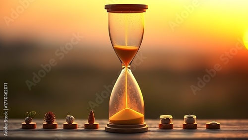 A glowing hourglass with golden sand flowing upwards, surrounded by symbolic objects representing healthy habits against a dawn gradient.