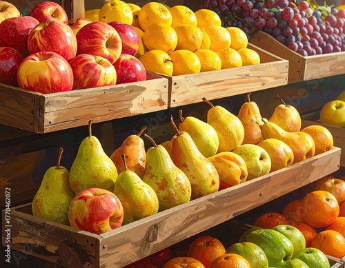 Pixelated Fresh Fruit Stand Featuring Apples Lemons Grapes Pears and Oranges Displayed in Wooden Crates with a Retro Aesthetic