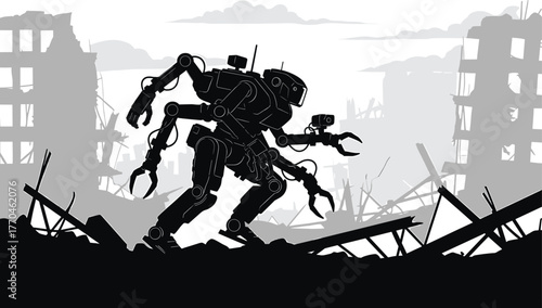 Multi-armed robot walking through a destroyed city landscape, robot, multi-armed, walking, destroyed, city, landscape, silhouette, ruins, buildings, debris, post-apocalyptic, mechanical, artificial in