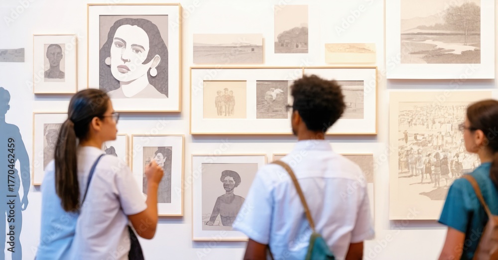 Fototapeta premium Students view framed artwork within gallery space. Light illuminates portraits, landscapes, sketches. Quiet observation, learning environment.