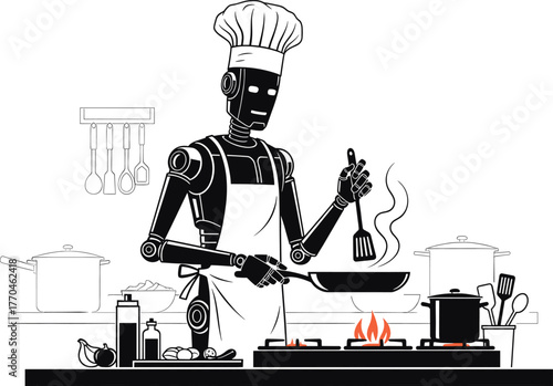 Robot chef cooking food in a modern kitchen with pots and pans, robot, chef, cooking, kitchen, food, futuristic, technology, automation, appliance, culinary, meal, preparation, stove, gas, flame, pot,
