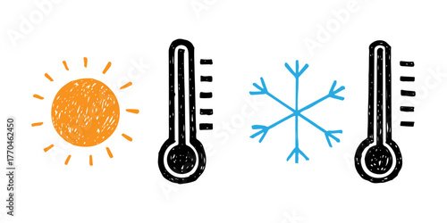 Weather, thermometer icons doodle hand drawn, hot and cold temperatures.