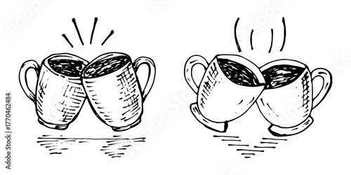 Two pairs of mugs or cups toasting, cheers, vector logo drinks hand drawn.