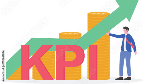 A businessman stands next to the word KPI with a rising green chart,
