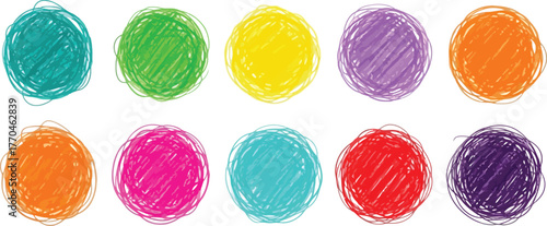 Colorful Scribble Circles Set, Hand Drawn Style, Vibrant Tangles on White