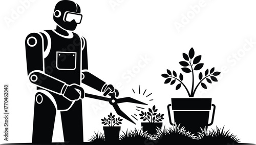 Robot pruning small plants with shears near a bucket, robot, android, artificial intelligence, ai, technology, automation, mechanical, gardening, plants, flowers, potted plants, pruning, scissors, she
