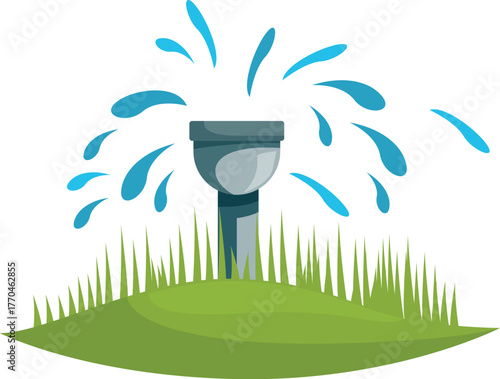 Water sprinkler spraying water drops, irrigating green grass lawn in garden, gardening tool, irrigation system