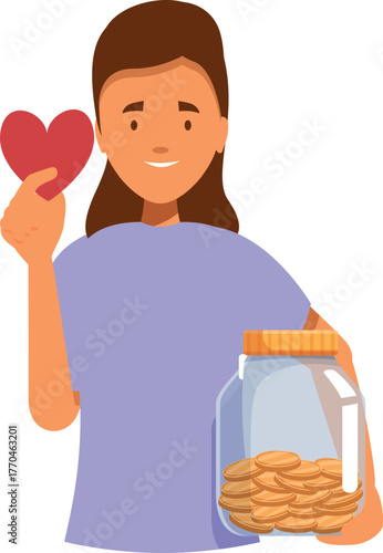 Young woman holding red heart and glass jar with coins, donating for charity, volunteering and supporting non profit organizations