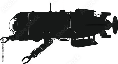 Silhouette of a futuristic submersible with robotic arms, submersible, submarine, underwater, vehicle, robot, mechanical, futuristic, technology, exploration, research, science, deep sea, ocean, marin