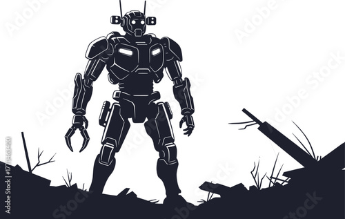 Silhouette of a large robot standing in a desolate, ruined landscape, robot, silhouette, standing, desolate, ruined, landscape, post-apocalyptic, destruction, debris, metal, mechanical, artificial int