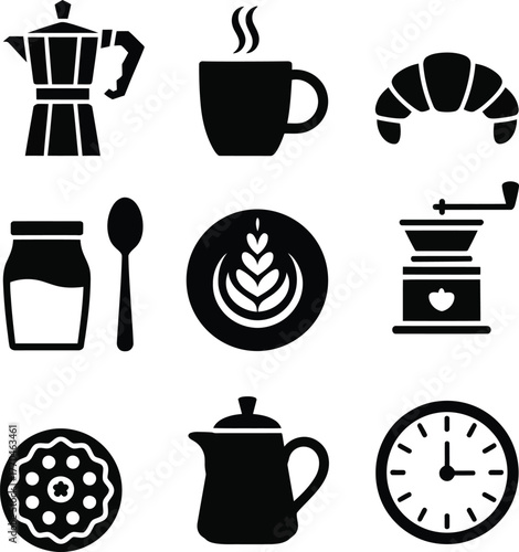 Coffee and breakfast icons moka pot cup croissant jar spoon latte art grinder