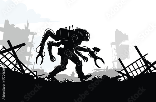 Silhouette robot with claws in destroyed city landscape, robot, silhouette, mechanical, android, cyborg, artificial intelligence, future, technology, war, battle, destruction, ruins, debris, post-apoc
