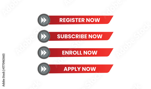 Collection of red call to action buttons for online registration and applications