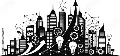 Smart City Innovation and Growth Concept Black and White smart city, technology, illustration, development, business, connections, city, concept, black, skyscrapers, growth, light, description:, moder