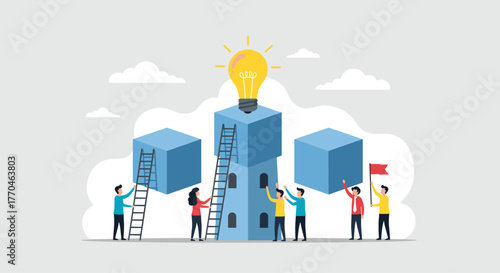 Team collaborates to reach bright idea pinnacle, building success with ladders and flag for ultimate achievement and innovation