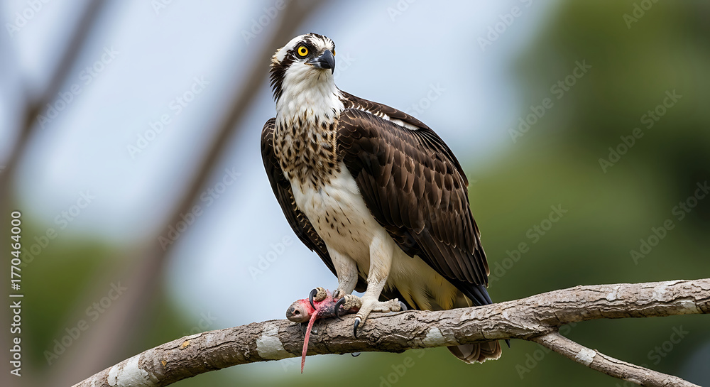 Fototapeta premium Osprey Perched on Branch Devouring Fish Bird Prey Wildlife Photography Natural Hunting Behavior